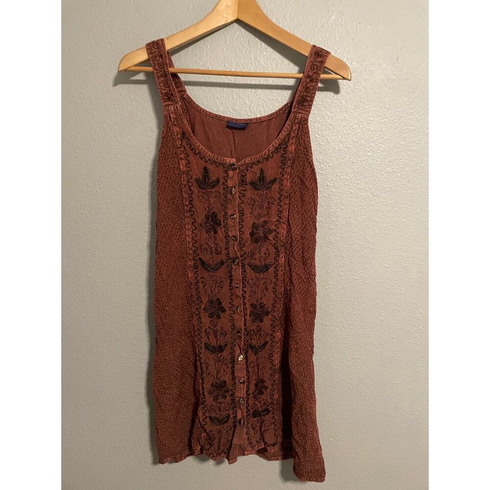 Vintage Womens Dress Small Red Rayon Floral Embroidered Button Boho Whimsigoth